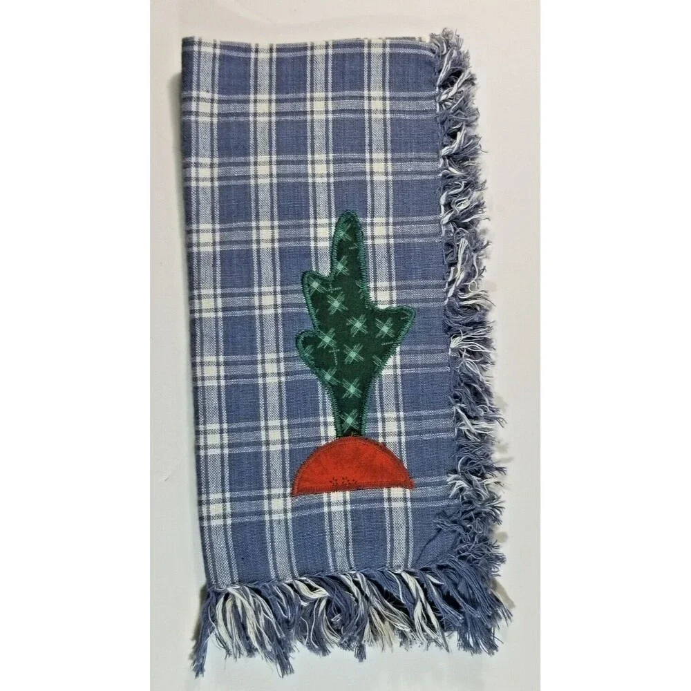 Southwestern Cactus Fabric Napkins Blue Plaid Set of 4 Fringe Edge NEW Tags